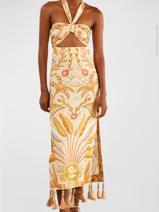 FARM Rio Dresses & Skirts - FARM RIO tropical Chic cutout printed linen-blend halterneck midi dress- size S